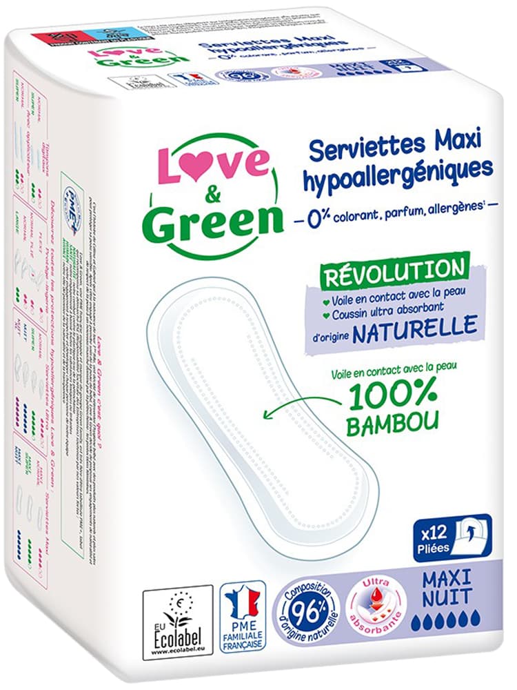 Love & Green Serviettes Hypoallergéniques et Écologiques "maxi Nuit" X 12